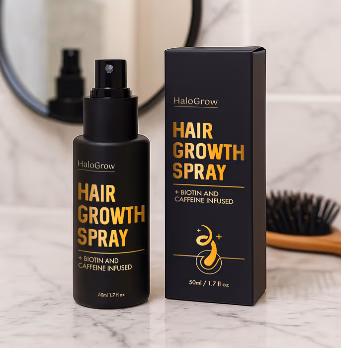 HaloGrow Hair Growth Spray bottle and packaging